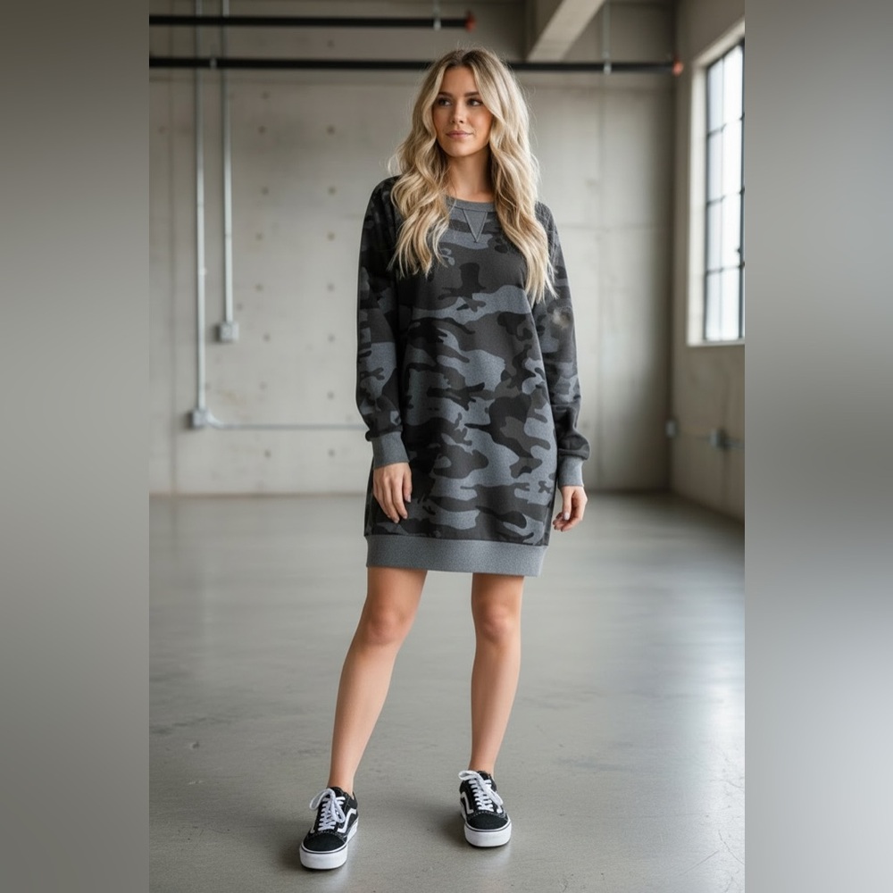 NWT UMGEE Camo Camouflage Sweatshirt Dress Charcoal Grey - Picture 3 of 5